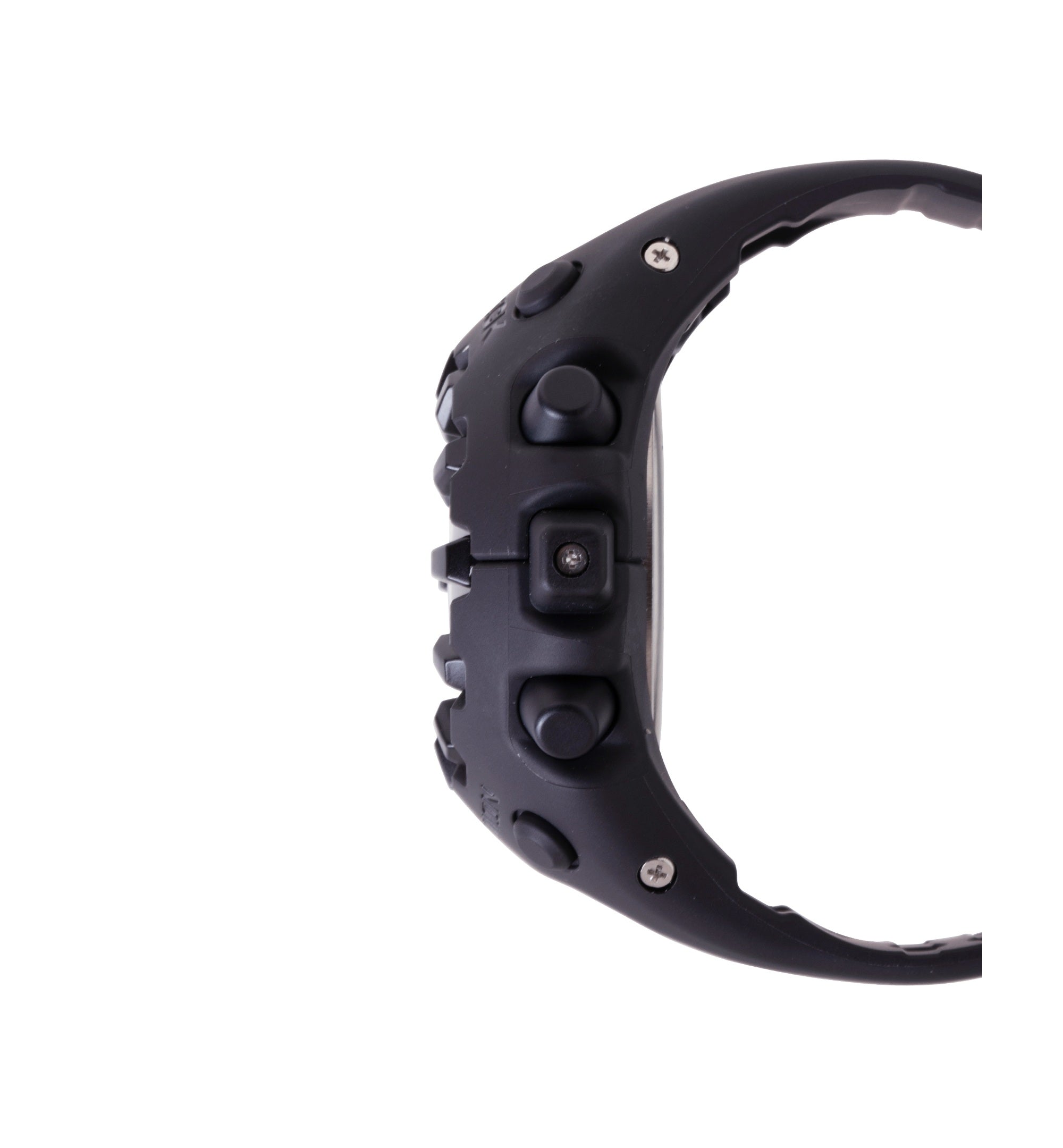 Black resin digital watch with multiple buttons and rounded rectangular case shown from side angle.