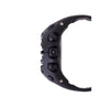 Black resin digital watch with multiple buttons and rounded rectangular case shown from side angle.