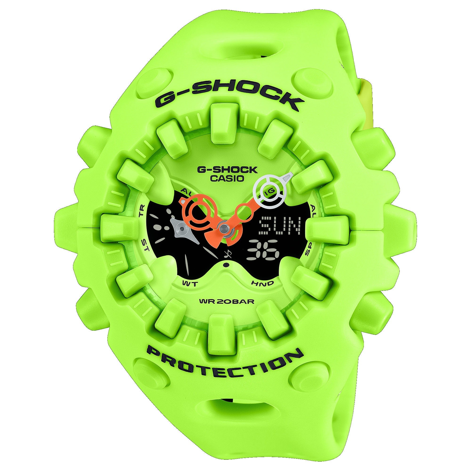 Bright green G-Shock Casio digital watch with black dial, orange hands, and textured resin band with protective bumpers.