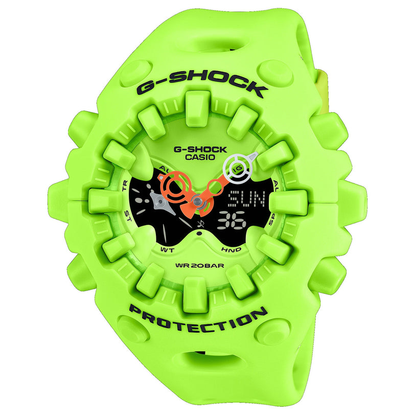 Bright green G-Shock Casio digital watch with black dial, orange hands, and textured resin band with protective bumpers.