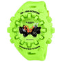 Bright green G-Shock Casio digital watch with black dial, orange hands, and textured resin band with protective bumpers.