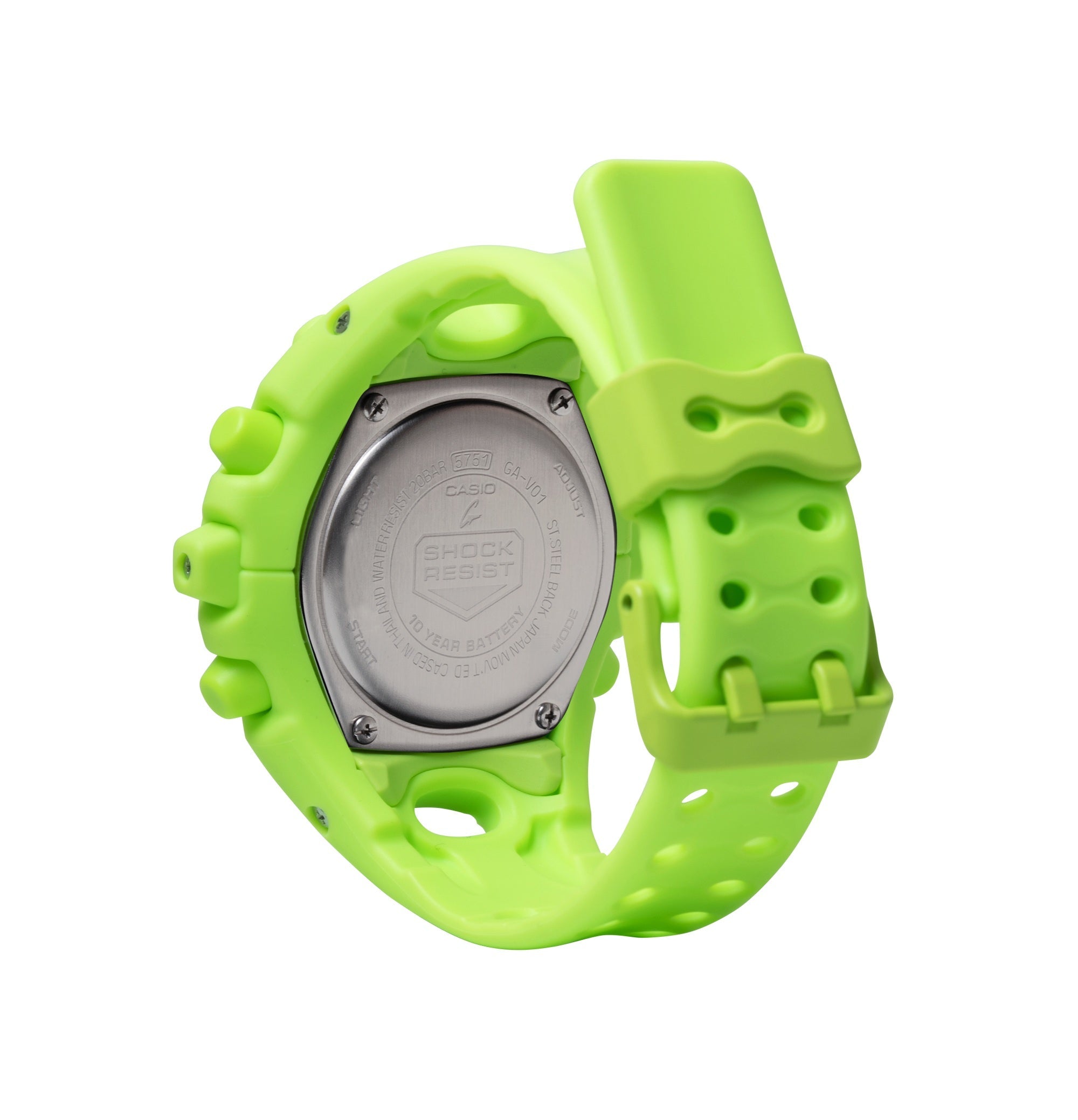 Bright green resin watch case and band with gray metal case back showing shock resistant branding.