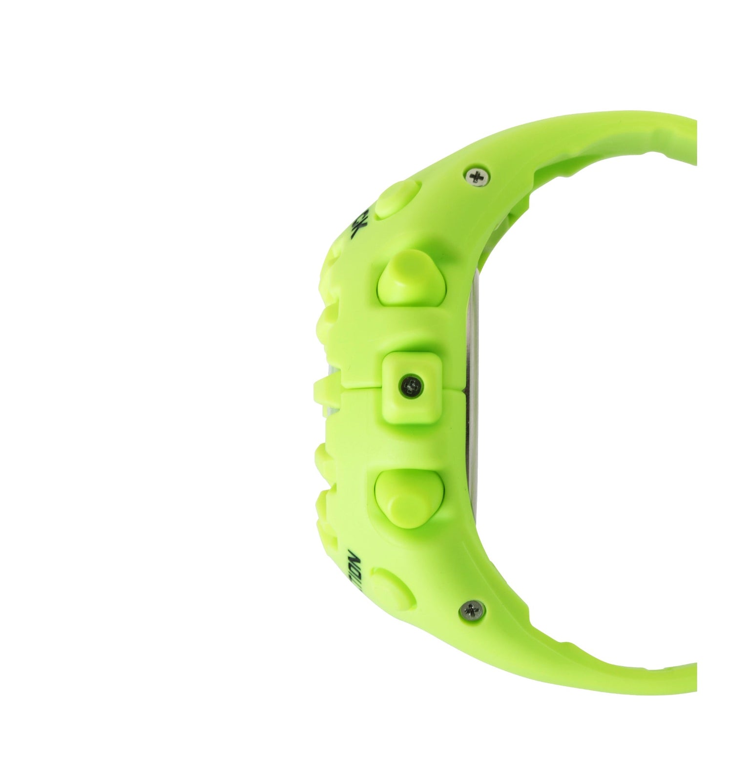Bright green resin watch case with curved design, geometric raised icons, and metal screws on sides.