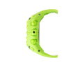 Bright green resin watch case with curved design, geometric raised icons, and metal screws on sides.