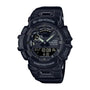 Black G-Shock digital and analog watch with resin band, dual display showing time and date, and multiple function buttons on 