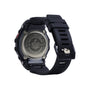Black digital watch with square face, resin band, and metal caseback featuring shock resist branding.