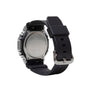 Digital watch with stainless steel case, black resin band, and engraved silver caseback displaying Casio G-Shock branding.
