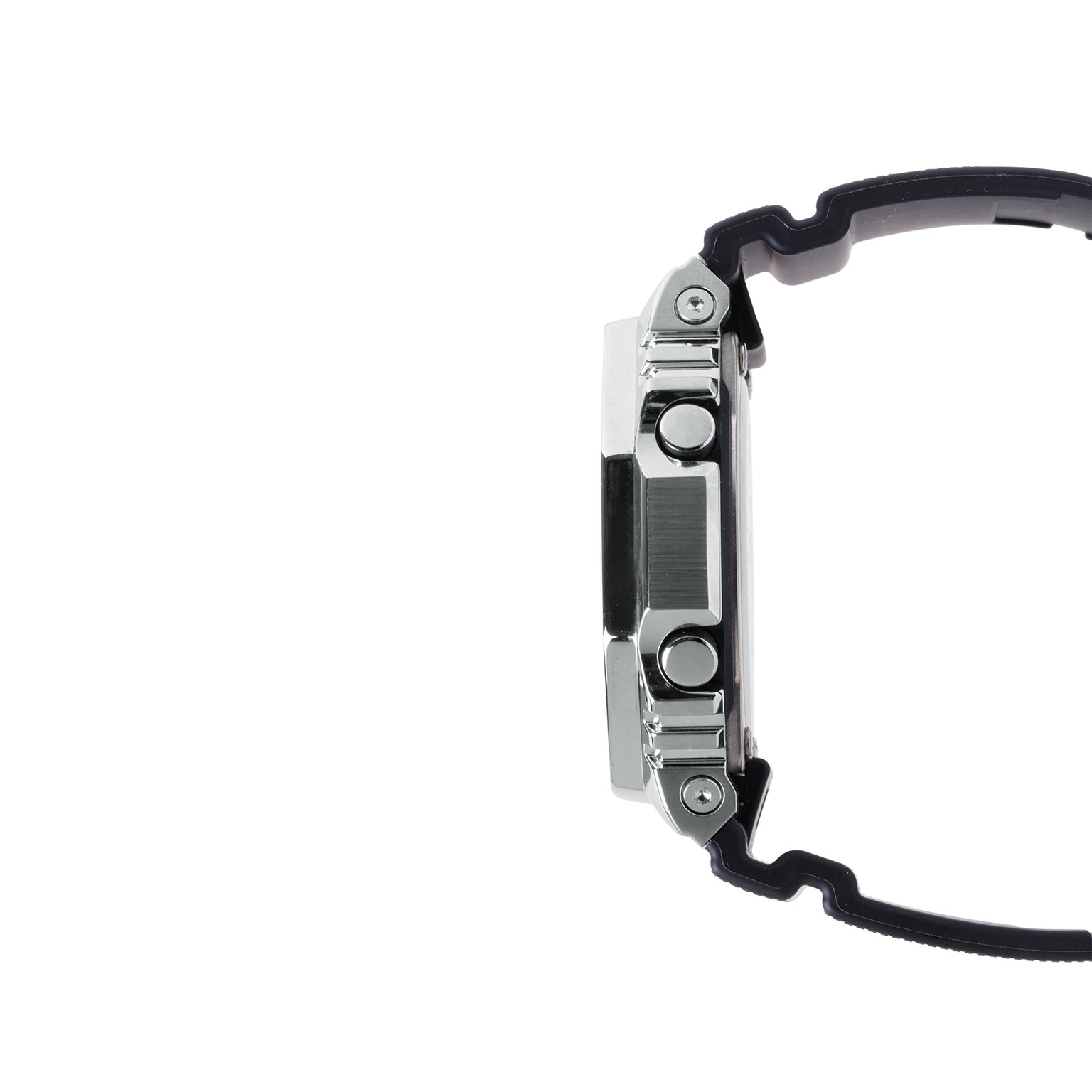 Digital watch with silver stainless steel case, black resin band, and multiple buttons on side view.