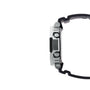 Digital watch with silver stainless steel case, black resin band, and multiple buttons on side view.