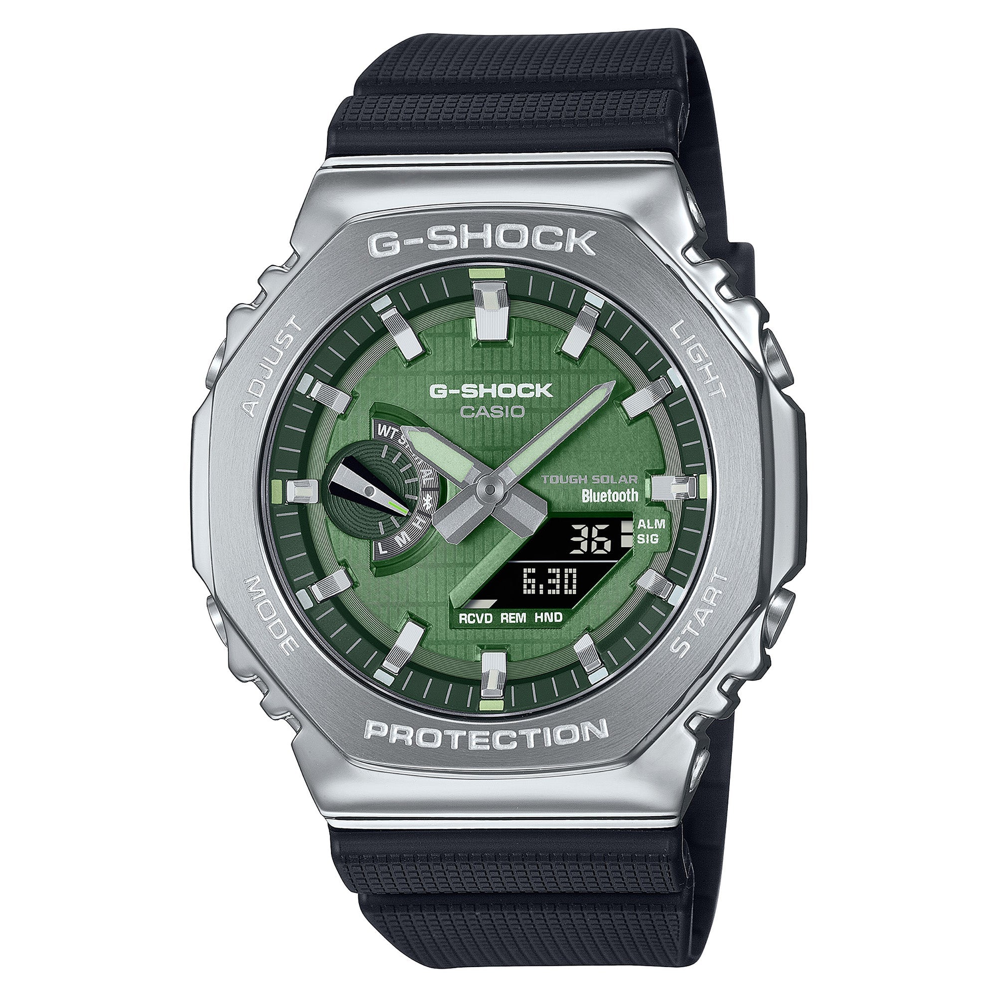 G-Shock solar watch with silver stainless steel case, green dial, analog and digital displays, black resin band.