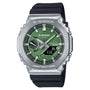 G-Shock solar watch with silver stainless steel case, green dial, analog and digital displays, black resin band.