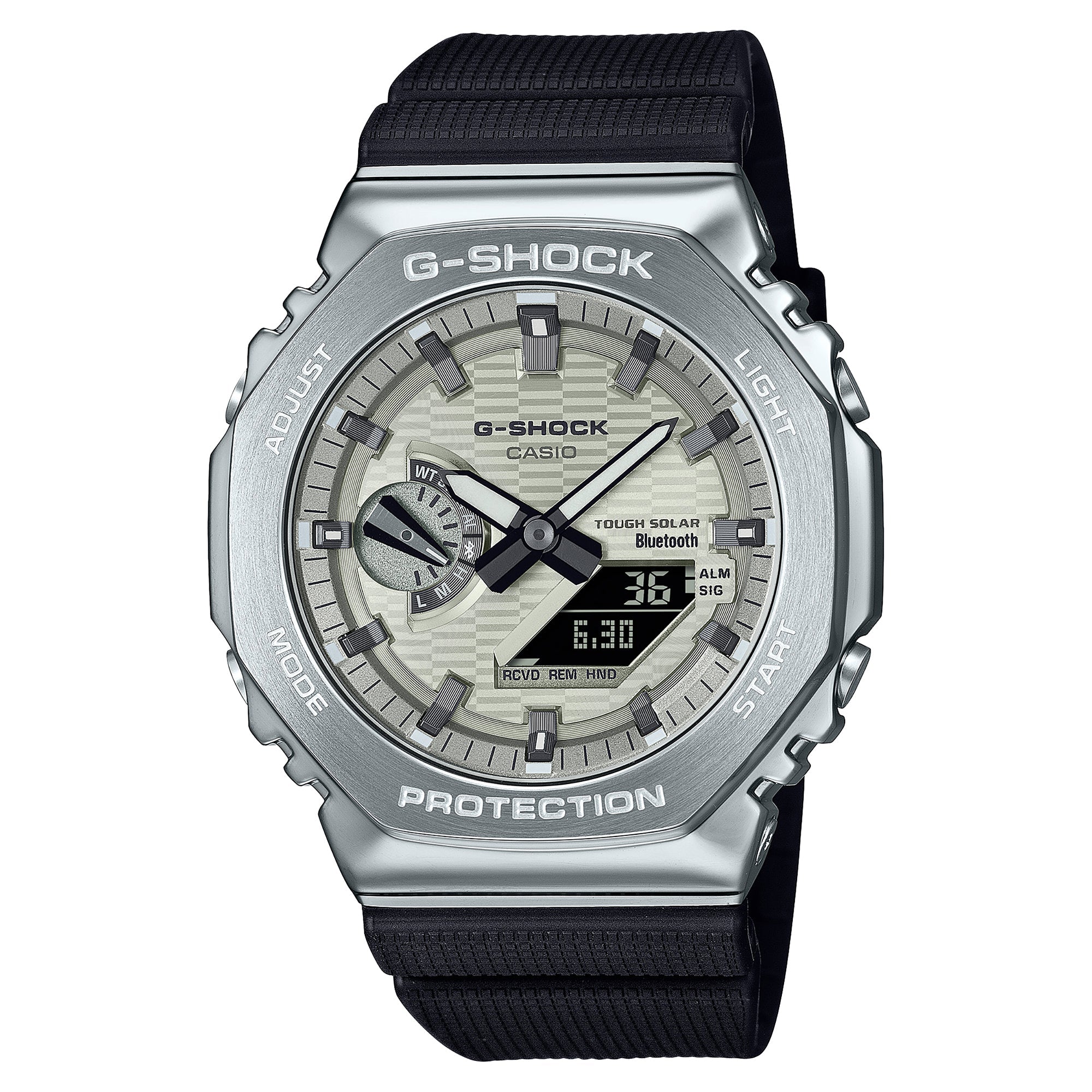 G-Shock watch with silver stainless steel case, black resin band, analog dial with digital display showing time and features.