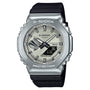 G-Shock watch with silver stainless steel case, black resin band, analog dial with digital display showing time and features.