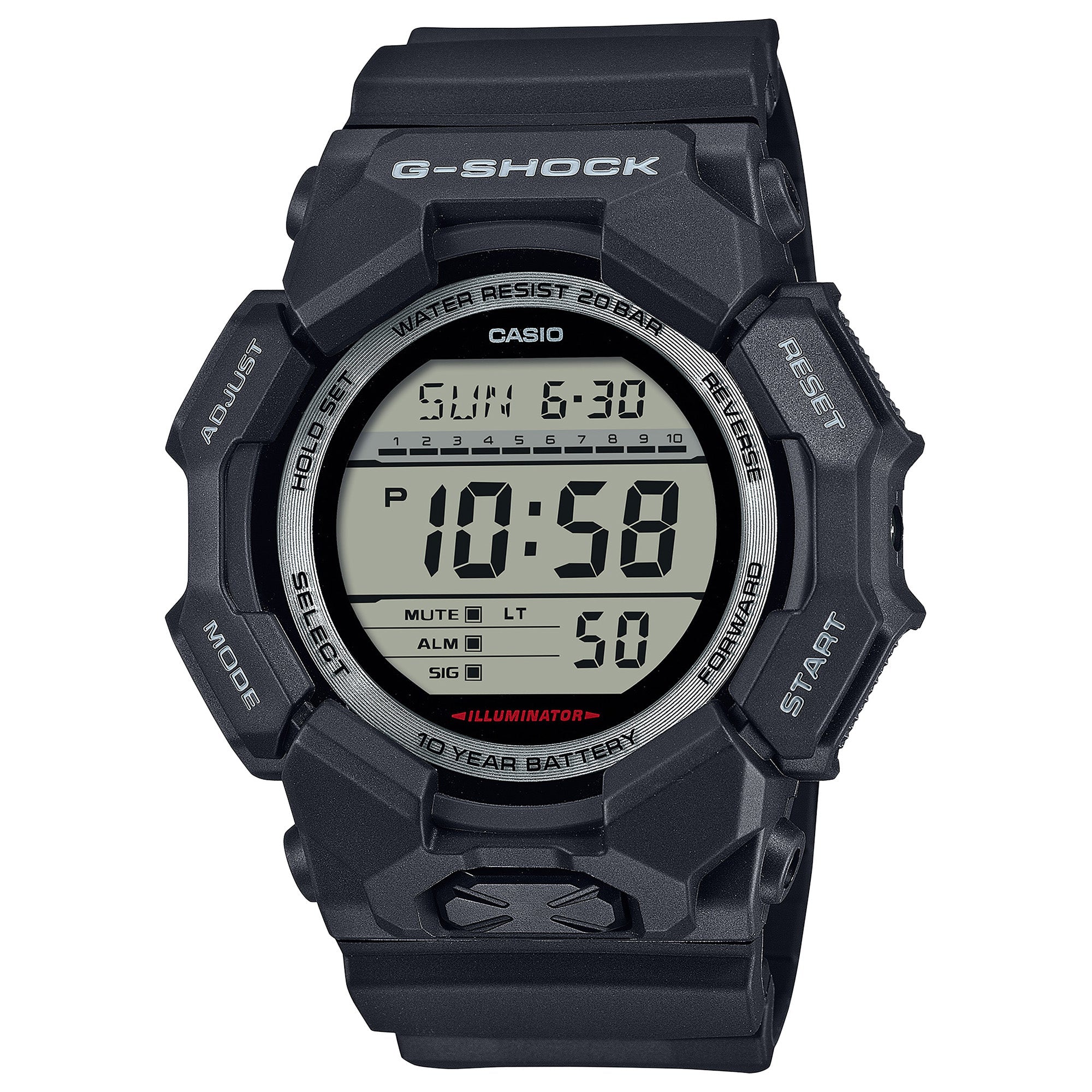 Black G-Shock digital watch with LCD display showing time, water resistance rating, and illuminator feature on resin band.
