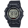 Black G-Shock digital watch with LCD display showing time, water resistance rating, and illuminator feature on resin band.