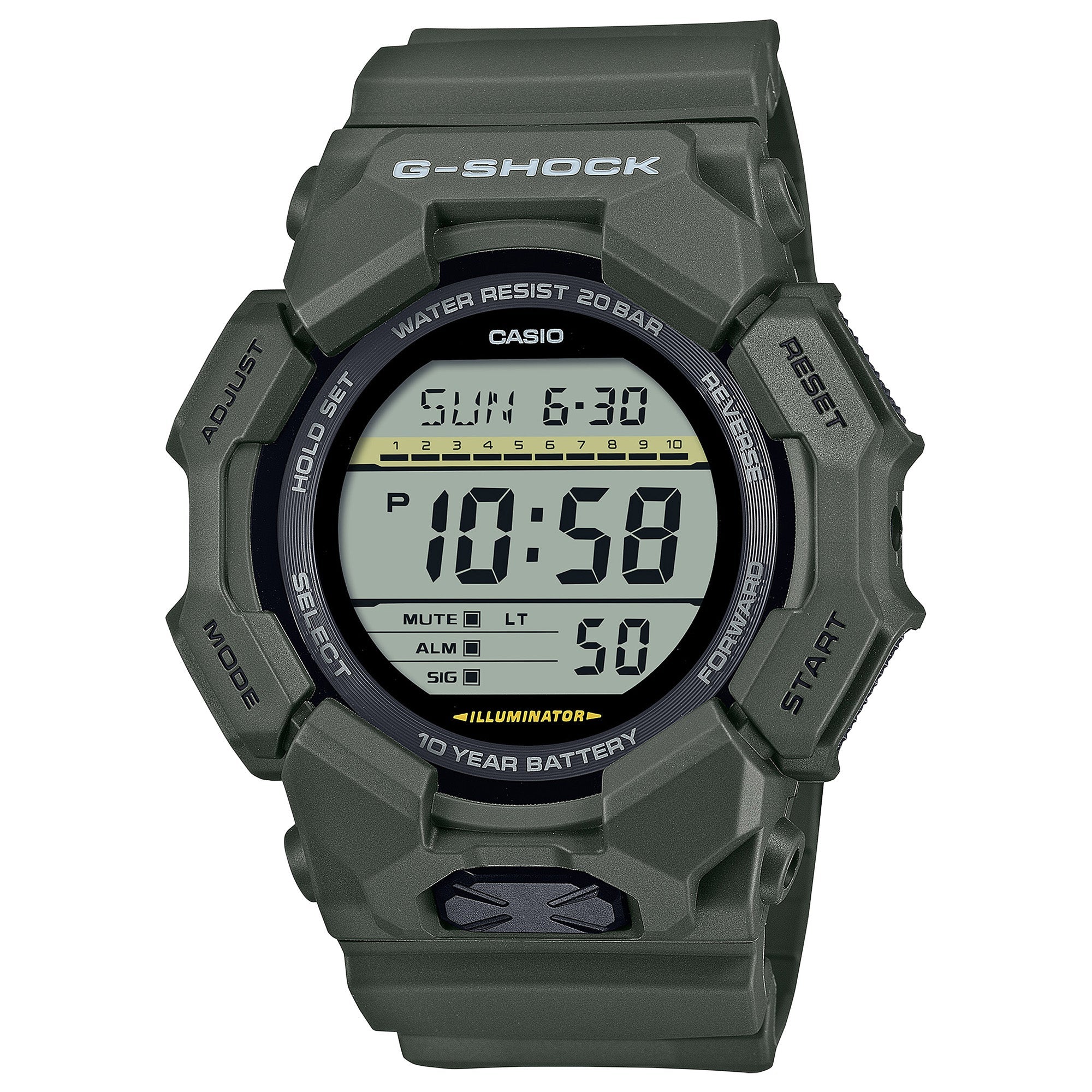 Green G-Shock digital watch with rectangular LCD display showing time, water resistance rating, and illuminator feature.
