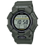 Green G-Shock digital watch with rectangular LCD display showing time, water resistance rating, and illuminator feature.