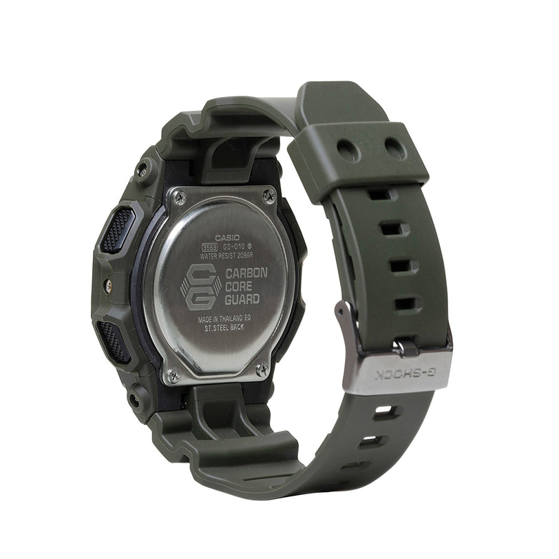 Green resin digital watch with carbon core guard case, metal back plate, and rectangular face.