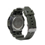 Green resin digital watch with carbon core guard case, metal back plate, and rectangular face.