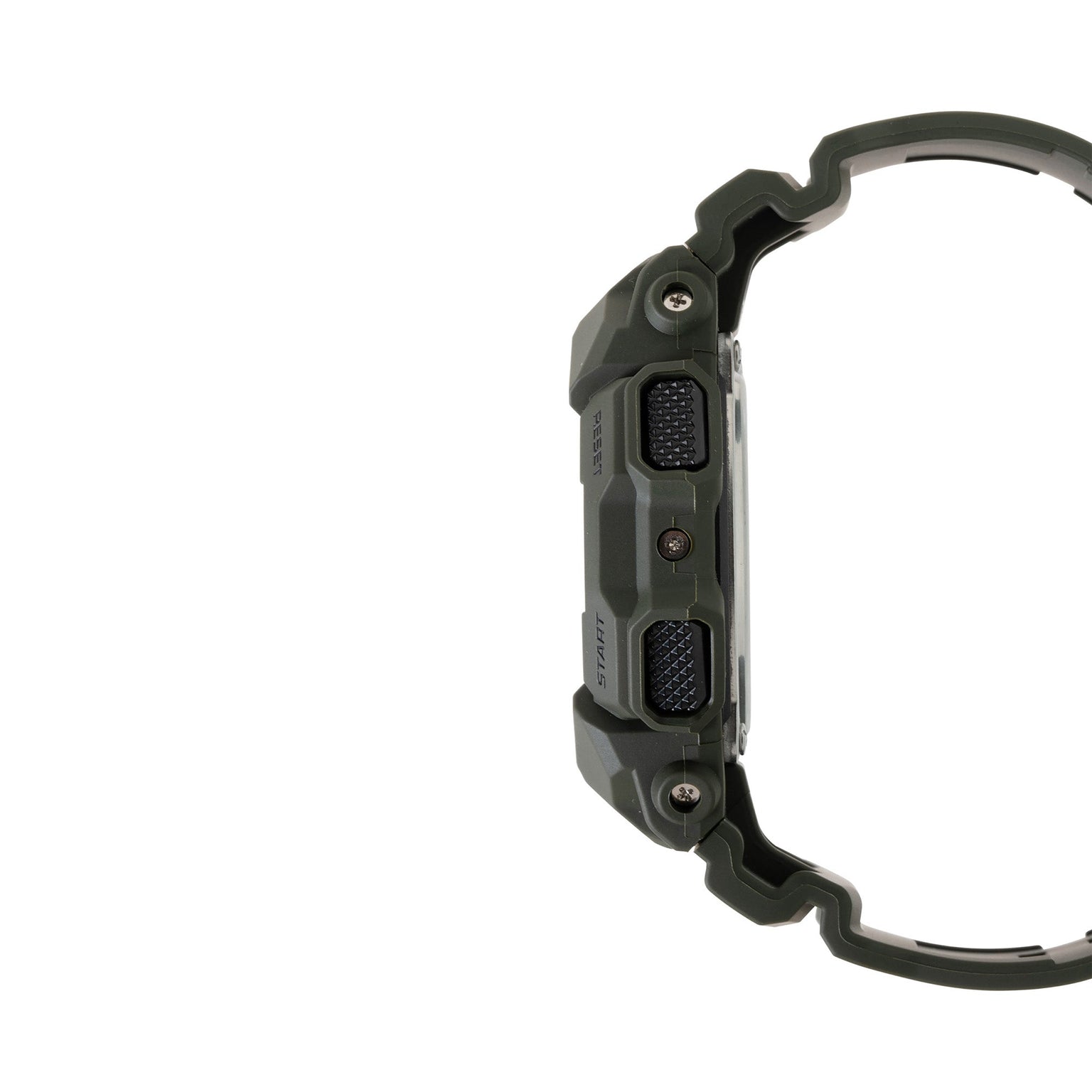 Green resin digital watch with rectangular display and textured side buttons, shown from the side profile.