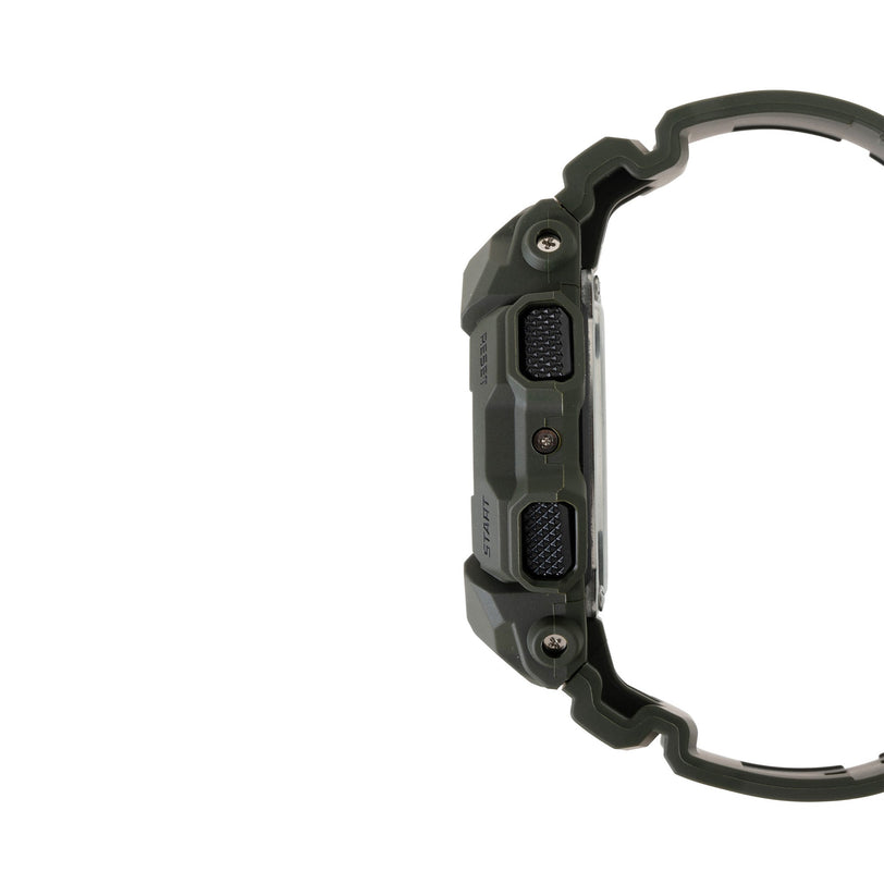 Green resin digital watch with rectangular display and textured side buttons, shown from the side profile.