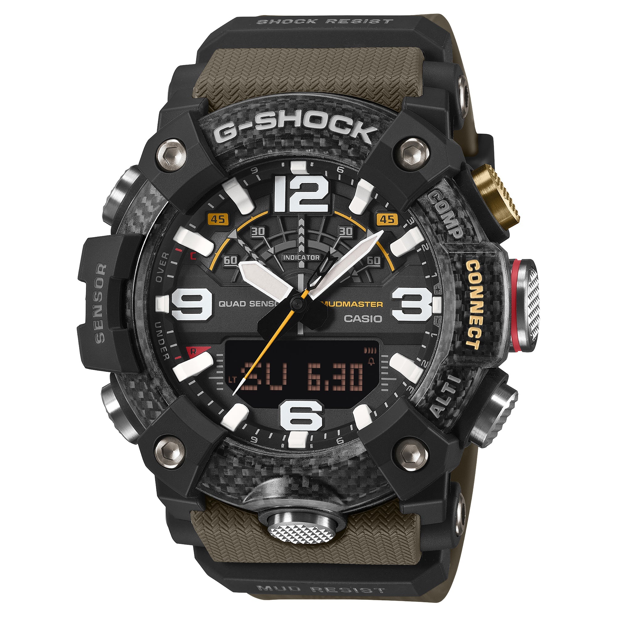 G-Shock Mudmaster analog-digital watch with black carbon case, tan fabric strap, and black dial with white numerals.