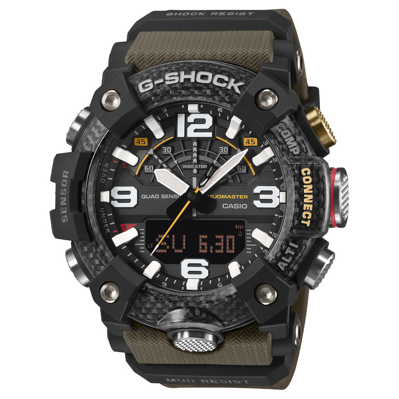 G-Shock Mudmaster analog-digital watch with black carbon case, tan fabric strap, and black dial with white numerals.