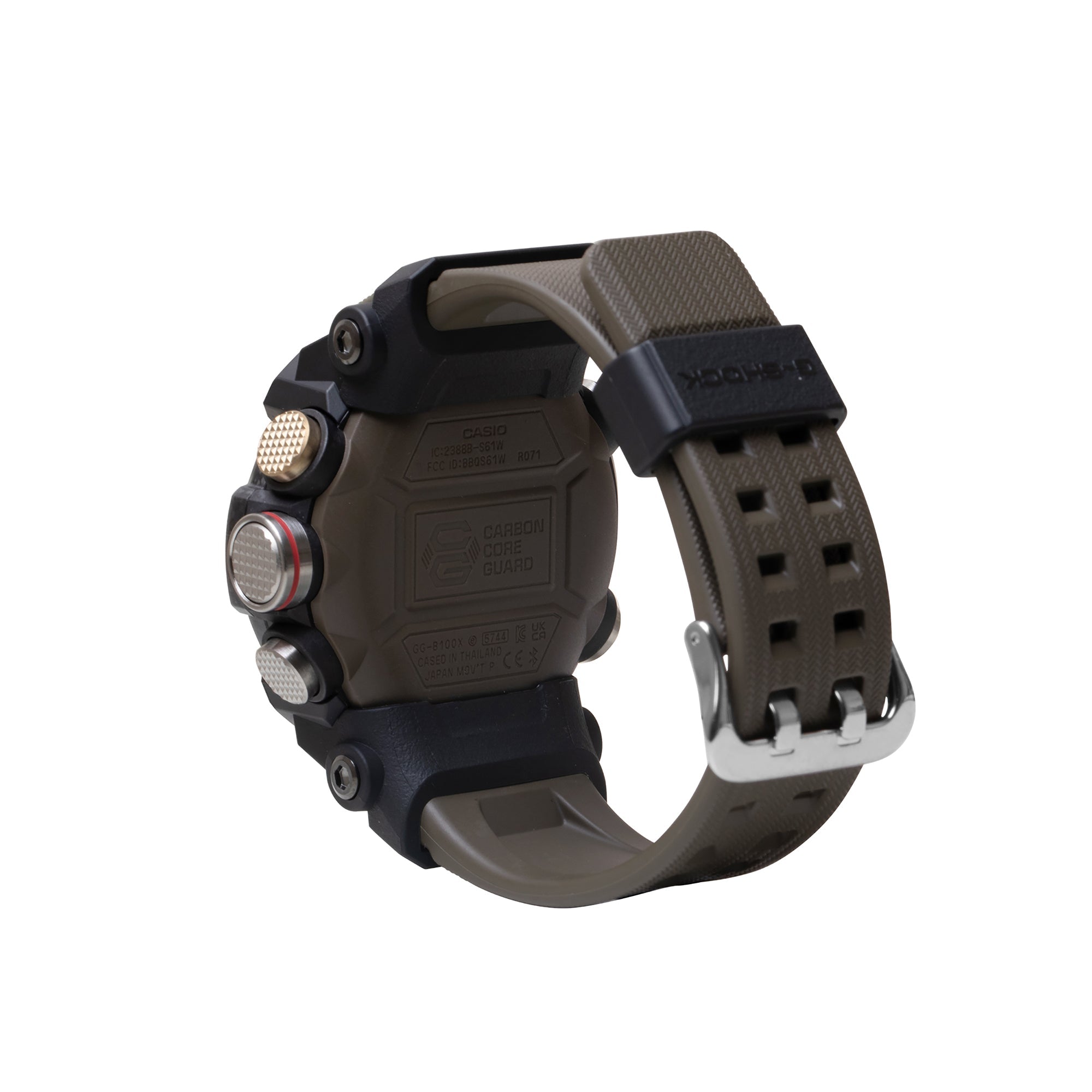 Mudmaster digital watch with black case, gray textured resin band, and multiple pushers on side.