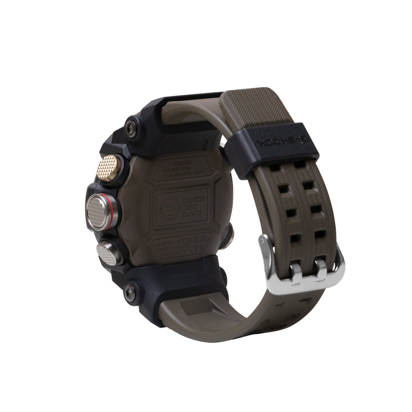 Mudmaster digital watch with black case, gray textured resin band, and multiple pushers on side.
