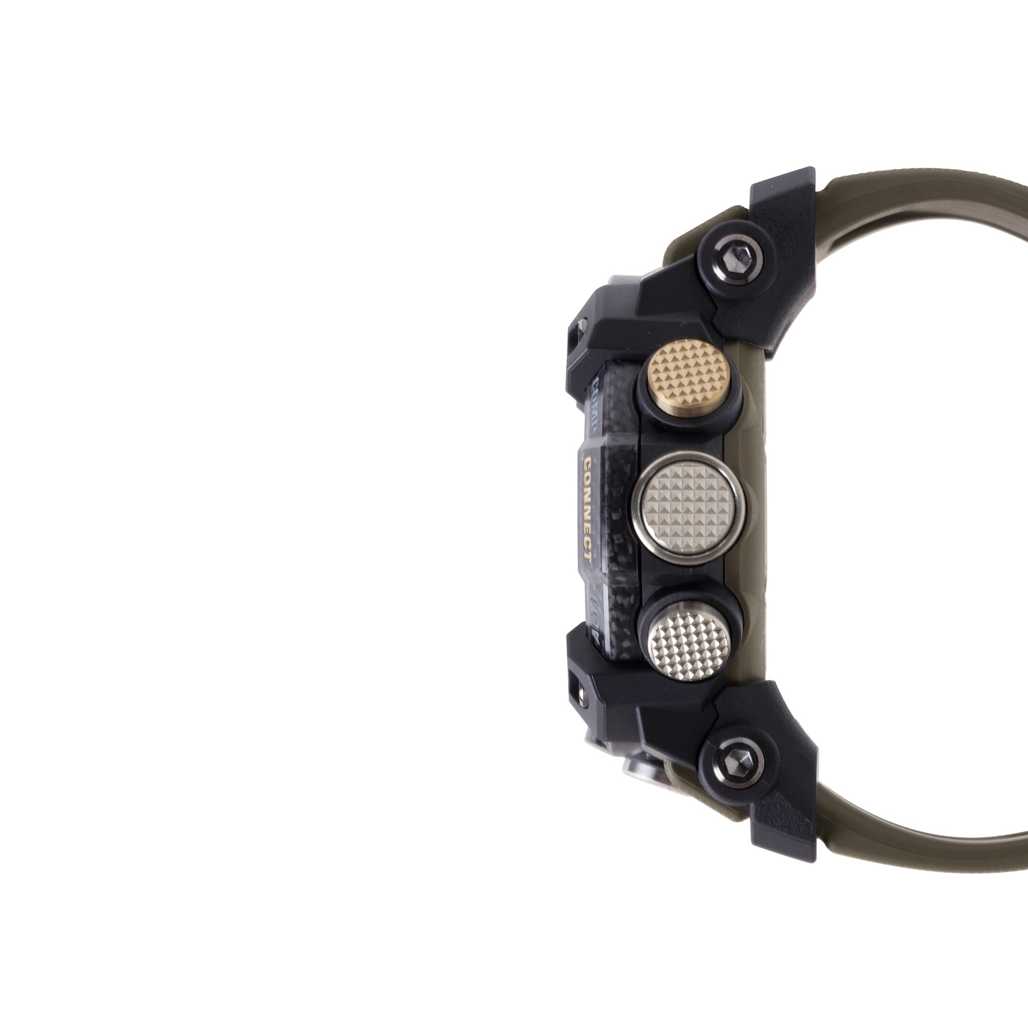 Black and olive digital watch with square case, textured dial, three subdials, and olive resin band shown from the side.