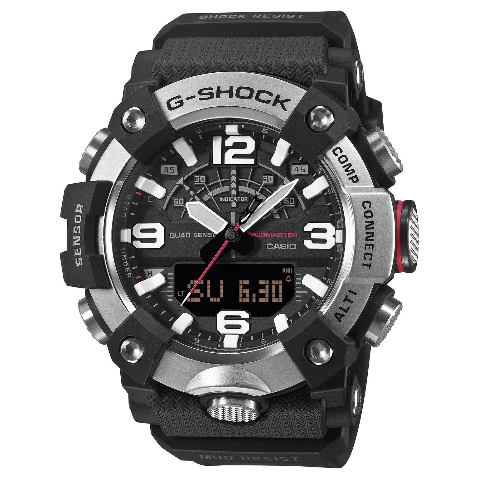 G-Shock Mudmaster watch with black resin band, analog dial with white numerals, digital display, and silver accents.