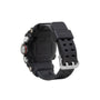 Black digital watch with square face, multiple buttons, textured rubber band, and silver accents on wrist.