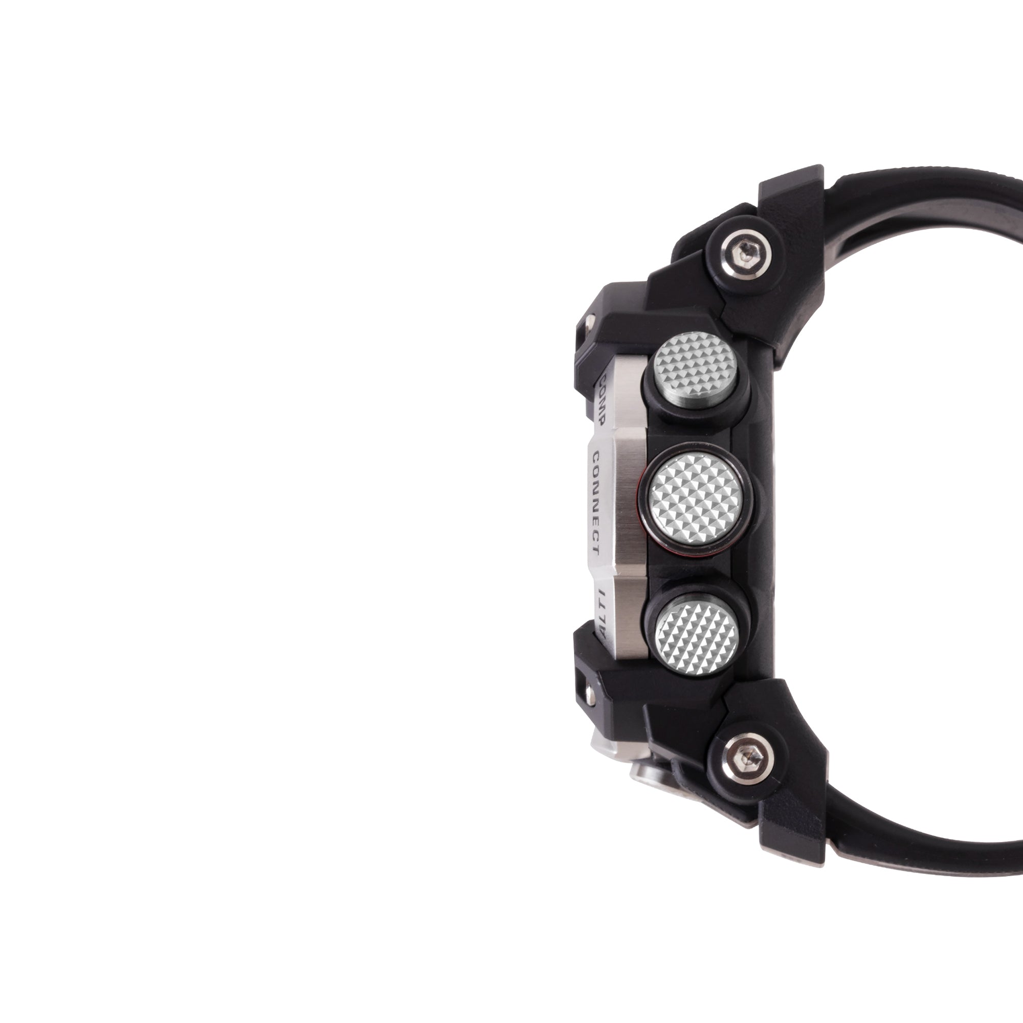 Digital watch with black resin case, silver chronograph subdials, and black band shown from the side.