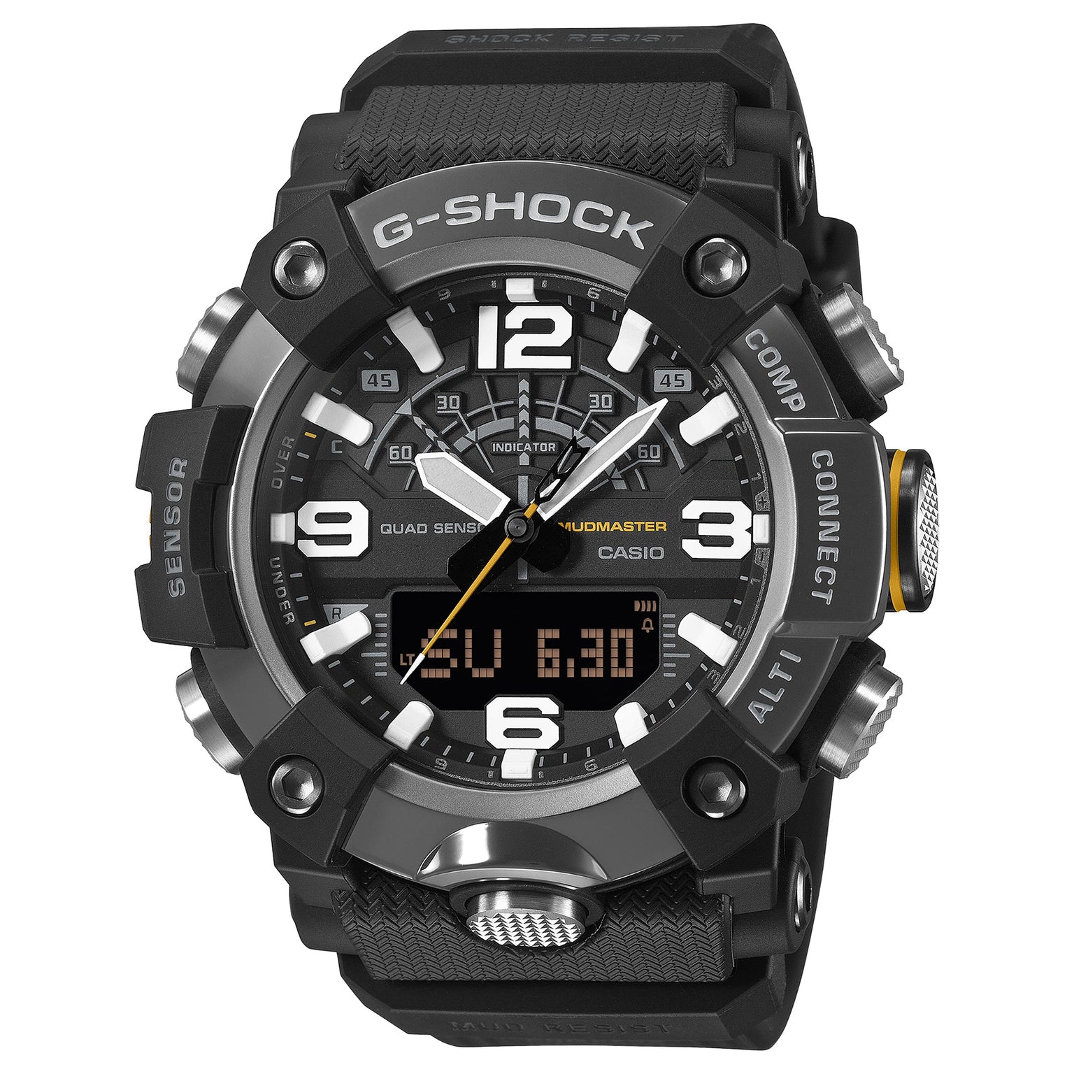 G-Shock Mudmaster black stainless steel watch with analog dial, digital display, and black resin band.