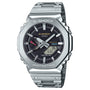 Silver stainless steel G-Shock watch with black dial, solar power, Bluetooth connectivity, and metal band.