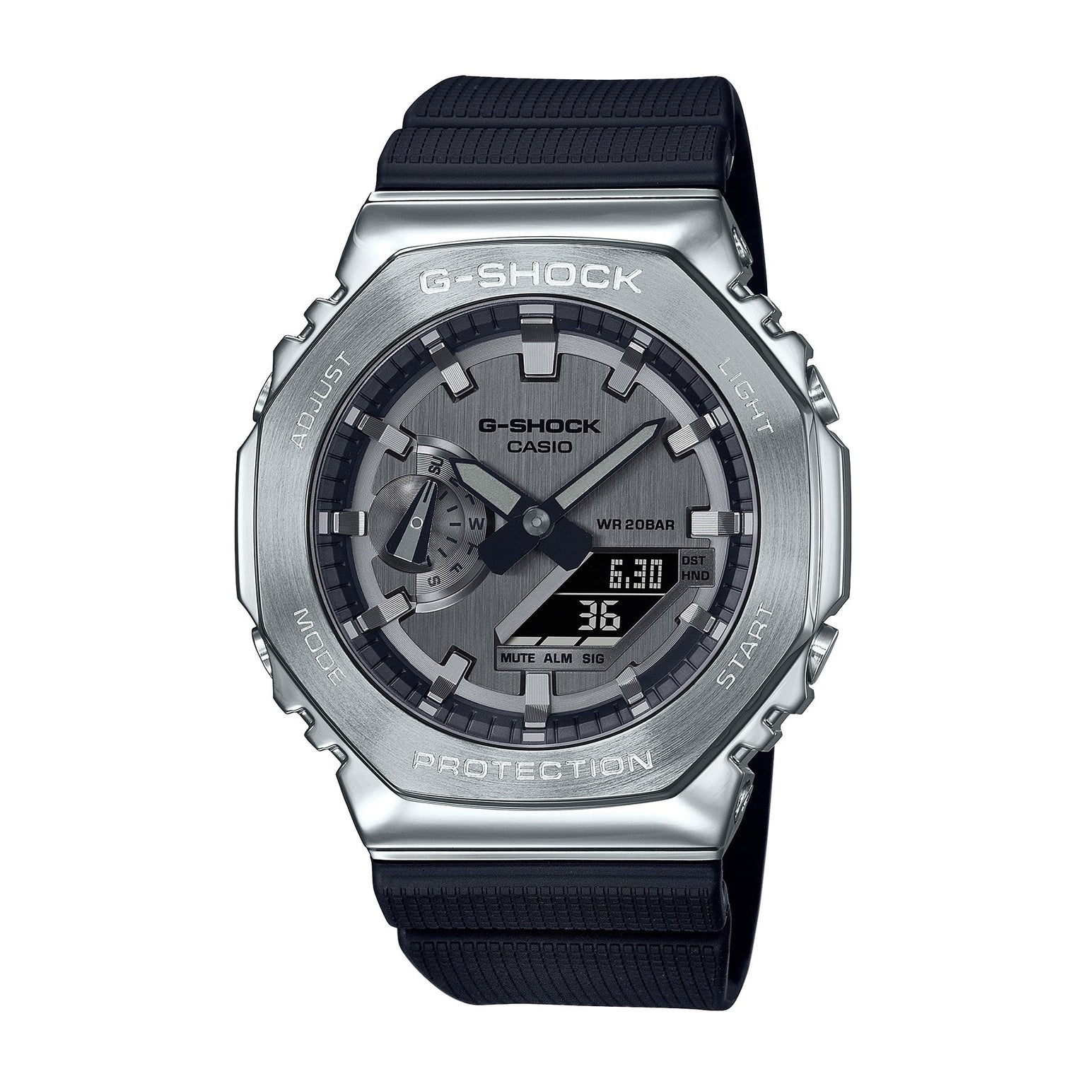 G-Shock GM-2100-1A analog-digital watch with silver stainless steel case and black resin band.