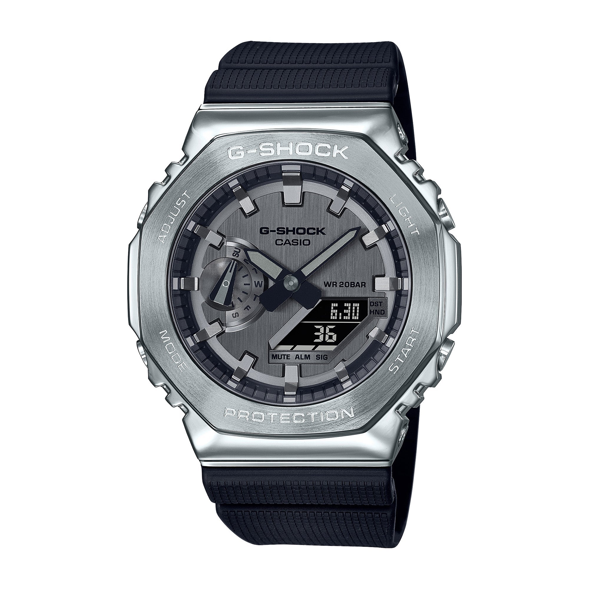 G-Shock GM-2100-1A analog-digital watch with silver stainless steel case and black resin band.