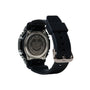 Casio G-Shock digital watch with black resin band and stainless steel case back shown from rear angle.