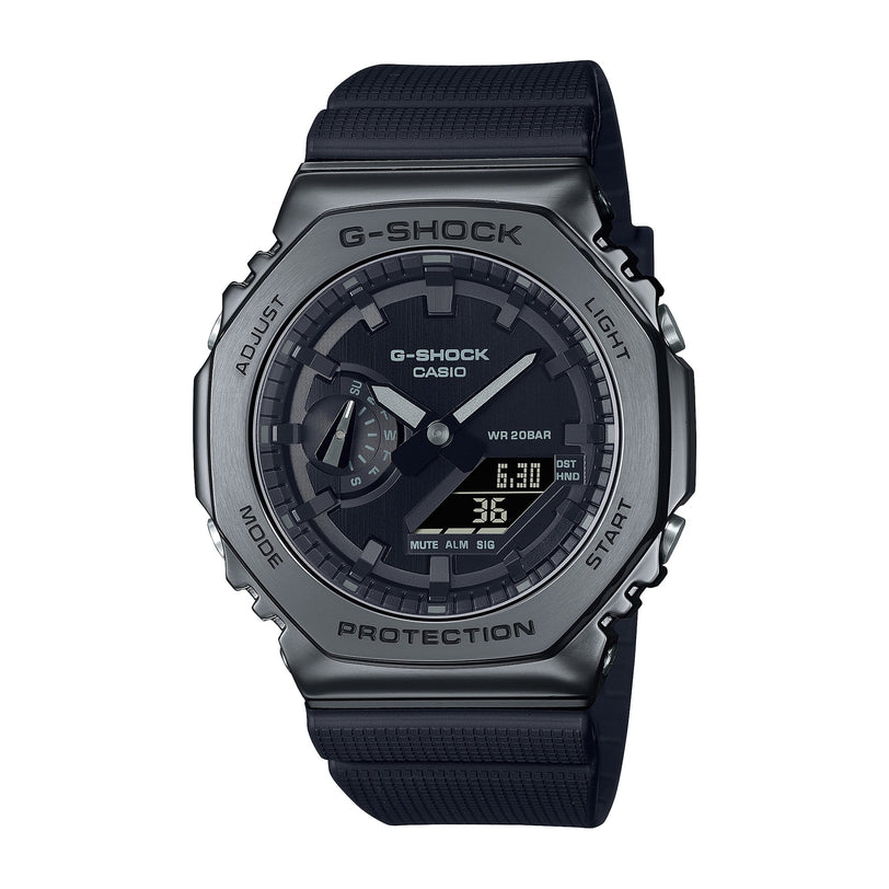 Black G-Shock digital and analog watch with stainless steel bezel, black resin band, and digital display showing time and dat