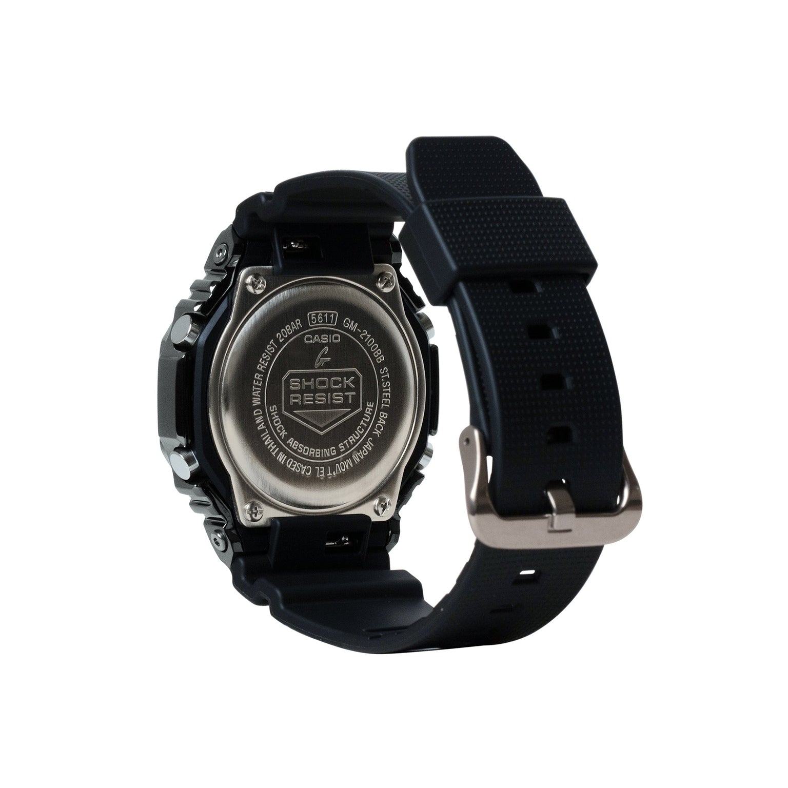 Black digital watch with stainless steel case, resin band, and metal buckle displayed from side angle.