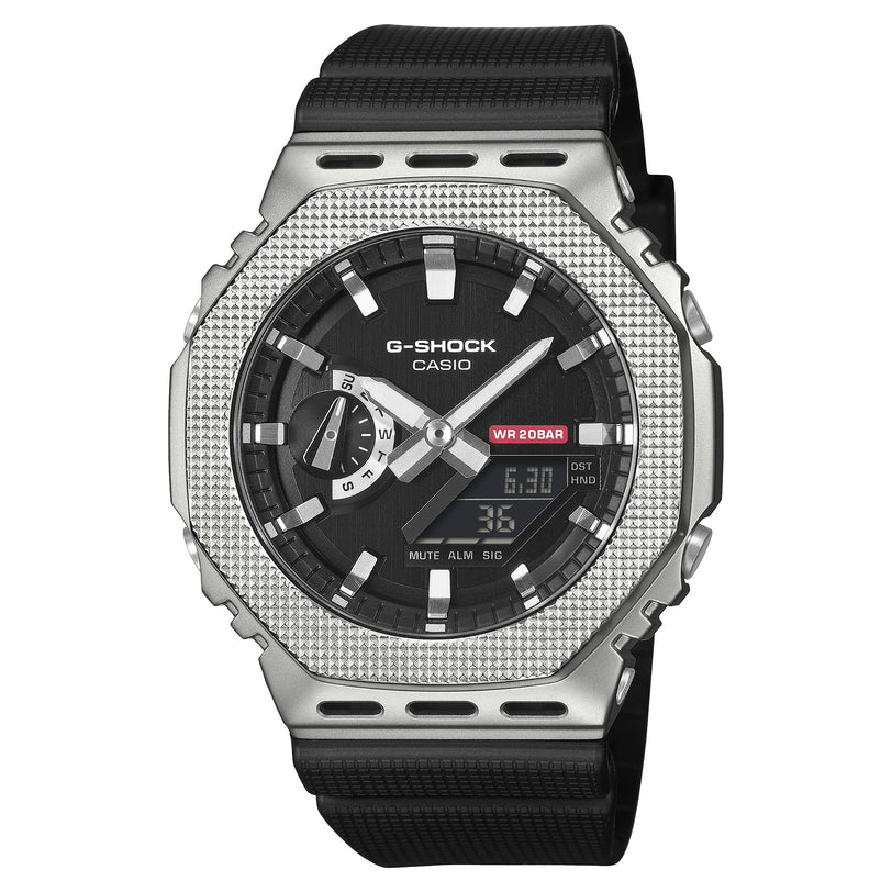 G-Shock GM-2100M-1A watch with silver stainless steel case, textured bezel, black dial, and black resin band.