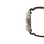 Silver stainless steel digital watch with black resin band shown from the side profile.