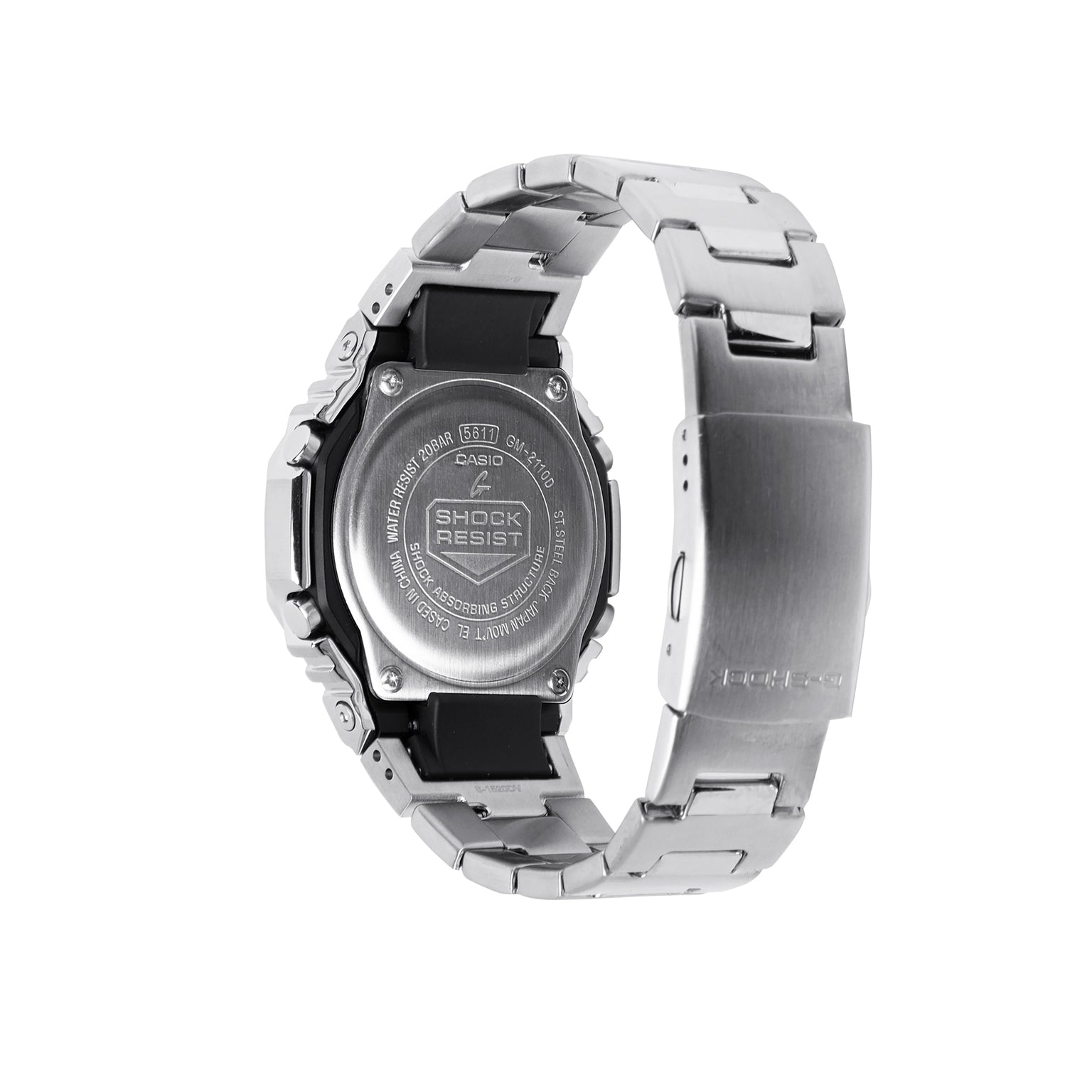 Digital watch with silver stainless steel band and black resin bezel, shown from back view displaying "Shock Resist" text.