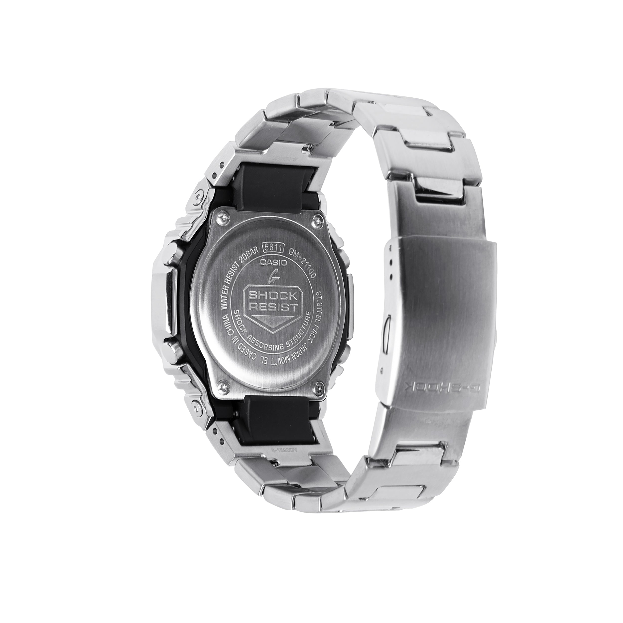 Digital watch with silver stainless steel band and black resin bezel, shown from back view displaying "Shock Resist" text.