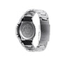 Digital watch with silver stainless steel band and black resin bezel, shown from back view displaying "Shock Resist" text.