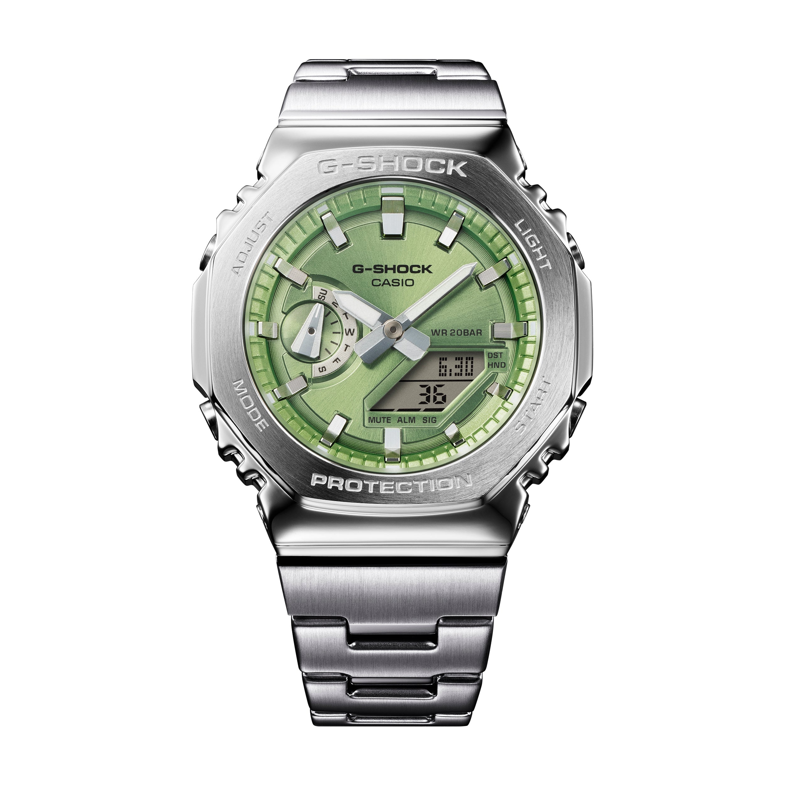 Silver stainless steel G-Shock watch with green dial, analog and digital display, and metal bracelet.