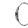 Digital watch with stainless steel and black resin case, silver metal band, displayed from the side.