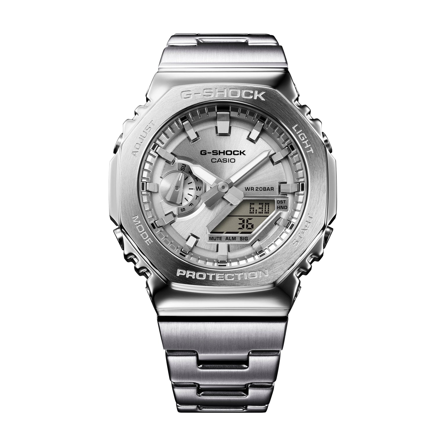Silver stainless steel G-Shock watch with square case, analog and digital display, and metal bracelet.