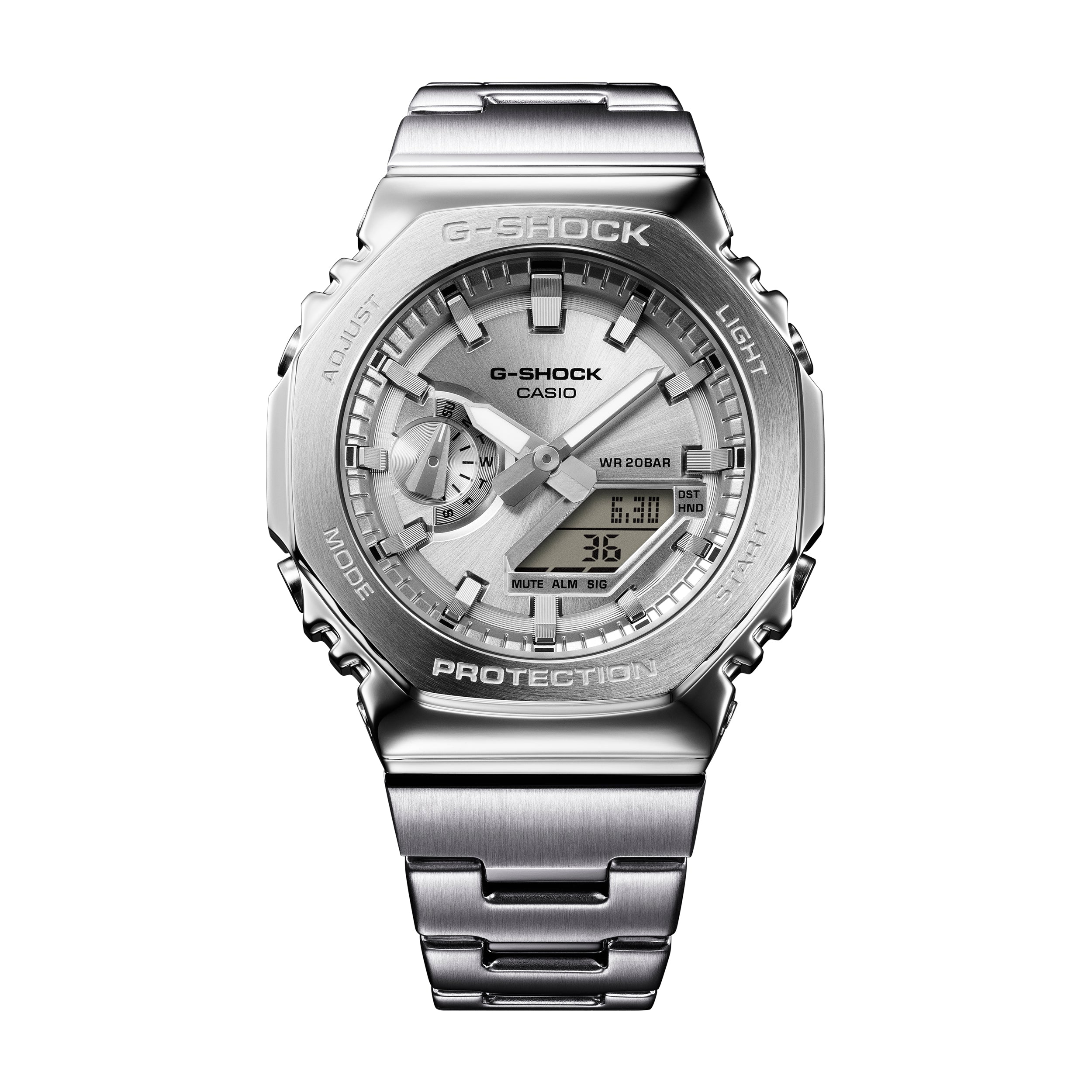 Silver stainless steel G-Shock watch with square case, analog and digital display, and metal bracelet.