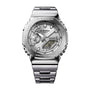 Silver stainless steel G-Shock watch with square case, analog and digital display, and metal bracelet.